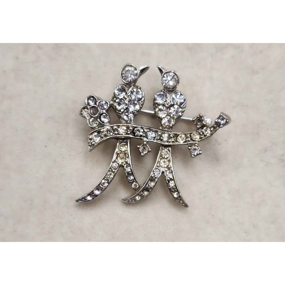 Rhinestone Brooch - 2 Lovebirds Vintage - missing stones